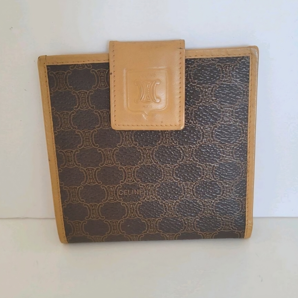 Celine Triomphe Macadam Vintage Canvas Leather Wallet Bifold Compact w COA